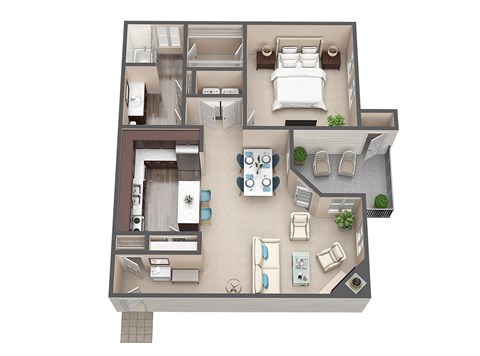 A 3D floor plan of a house with two bedrooms, a living room, a kitchen, a dining room, and a garage.